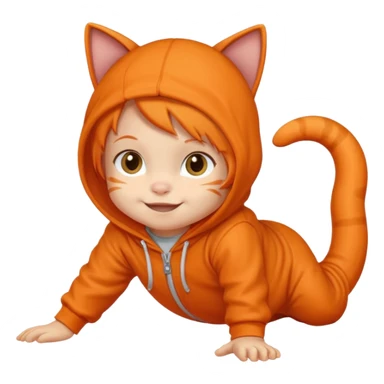 little kid Toddler in orange cat hoodie, crawling pose sticker