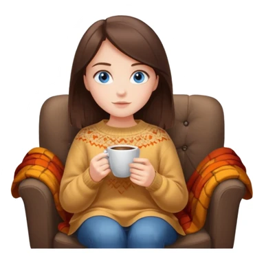 Brunette blue-eyed white girl autumn vibe wearing sweater sitting on a cozy chair holding coffee sticker
