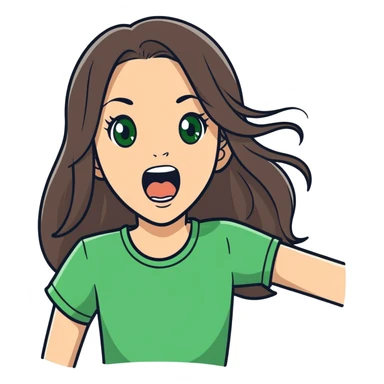 white girl, long brunette hair, green eyes screams with delight sticker