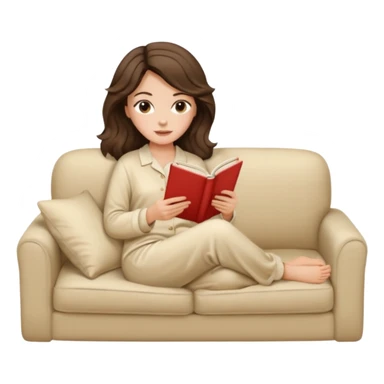 Woman with brunette hair reading on sofa. Soft wavy hair. Beige ivory pyjamas  sticker