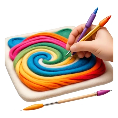 Felt art creation icon, layers of colorful felt being carefully shaped with felting needles into a large picture or decorative design, visible hand tools like felting needles, no finished artwork, just the process of felting, minimalistic style, clean lines, transparent background. sticker
