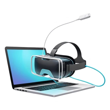 VR headset lying next to a laptop, connected by wires. On the laptop screen a VR/AR modeling program is opened. Floating 3D models or virtual objects. Modern, tech-inspired colors. No emojis or smiley faces. Transparent background. sticker