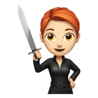 Woman with red hair bun wearing black leather an a knife sticker