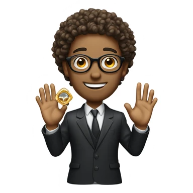 Man with curly hair and round glasses proposing with a gold diamond ring sticker