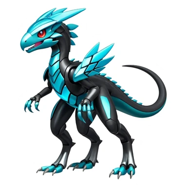 Shiny Futuristic Celestial Glossy-Metallic-Alloy Fakemon-Pokemon-Digimon-Spectrobes-Raptor-fusion, full body, four legs, black body, cyan accents, scales sticker