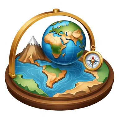 An icon featuring a globe, a compass, and a topographic map, symbolizing geography. The design includes mountain ranges, rivers, and a magnifying glass, representing the study of Earth's landscapes, features, and spatial relationships. Transparent background highlights geographic exploration. sticker