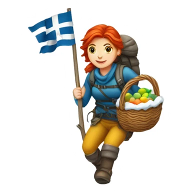 red hair female winter mountaineer climbing with Easter eggsbasket and Greek flag sticker