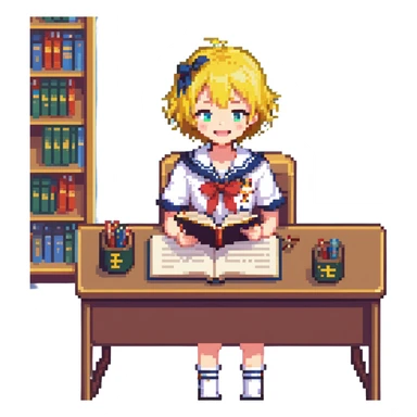 Pixel art anime girl with short bright yellow hair wearing Japanese sailor style school uniform, sitting at desk reading book but with excited smile, energetic studying pose sticker