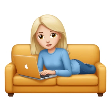 A white girl is lying on a sofa with a laptop sticker