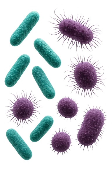 5 BATTERI BUONI E 5 BATTERI CATTIVI FLUTTUANO IN ARIA, I BATTERI BUONI FALLI TURCHESI, I BATTERI CATTIVI FALLI VIOLA, IPERREALISTICO 4K, NON DISEGNATO sticker