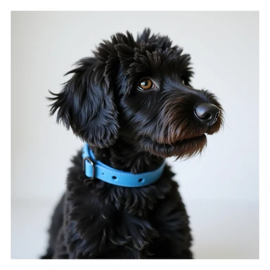 photorealistic black doodle dog with a blue collar, simple background, accurate details sticker