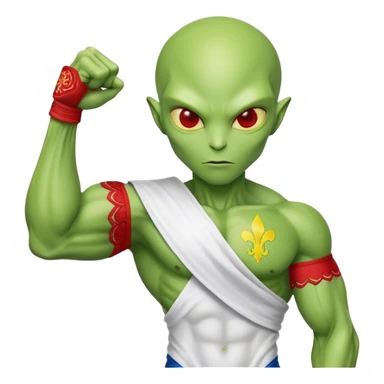 Green alien in Shirt 👚 vyshyvanka, white with red embodiary on sleeved, with 🇺🇦 Ukraine flag in a hand and 💪 sticker