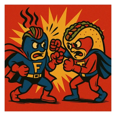 Add superhero costumes to the fajita and taco as they wrestle in a bold outlined comic style, keep the background as is. sticker