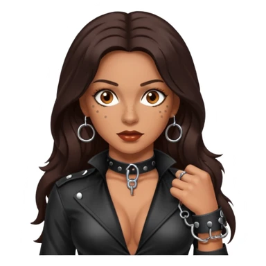 Tan skin with freckles, long dark hair, hazel eyes Dominatrix with handcuffs sticker