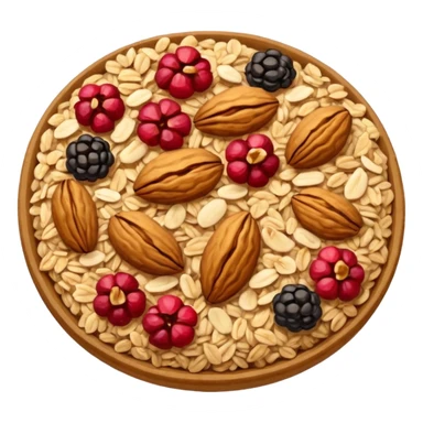 granola small cluster with rolled oats, crisped clusters, nuts, seeds, dried fruit, golden brown to beige colors, red or dark brown hints, crunchy rustic texture, irregular shapes, no bowl, yogurt, spoon, or faces, clean 3D style, soft shadows, transparent background, emoji scale sticker