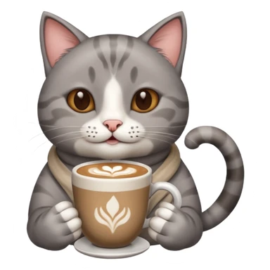 Happy gray Cat holding in its front two paws an hot latte sticker