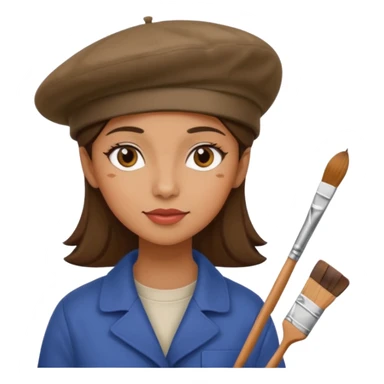 female artist painting at a canvas, wearing a beret sticker