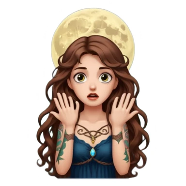 shocked forest mystic woman long wavy brown hair tattoos wide eyes moon glow sticker