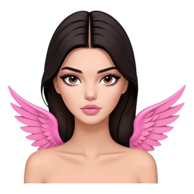 Kendall Jenner model, elongated face, long flowing dark hair, pink glossy lips, pink blush on cheeks, dramatic winged eyeliner, bare shoulders sticker