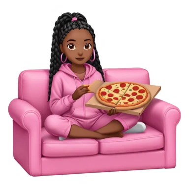 A dark-brown-skinned Black woman with black box braids, sitting on a pink couch, holding an open pizza box.She’s wearing comfy loungewear, looking relaxed and enjoying her food. sticker