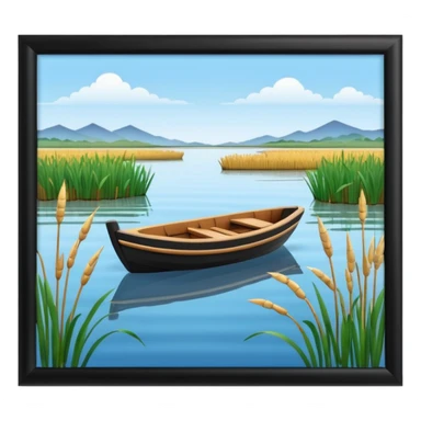 A 3D cartoon small boat floating on estuary water with nearby reeds and a distant horizon, bright lighting, realistic reflections, shown inside a simple wooden photo frame, Memoji-style rendering. sticker