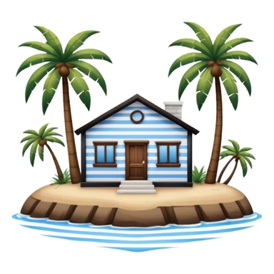 A full square no roof  white and blue stripe house horizontally with brown wooden door on a island with palm trees  sticker