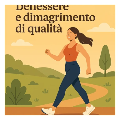 symbolic scene of a woman walking outdoors with confident steps, sporty clothing, harmonious silhouette, happy expression, Italian text: 'Benessere e dimagrimento di qualità', 4K quality sticker