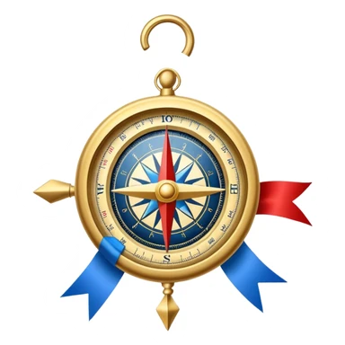 iOS compass with gold trim and blue and red direction markers hanging from a white ribbon sticker