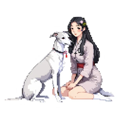 A very beautiful and attractive 25-year-old Chinese woman with long flowing black hair and a pure solid dark grey whippet with ABSOLUTELY NO white markings anywhere on its body sitting under a cherry blossom tree. The whippet must be completely solid dark grey with no white on chest, no white on muzzle, no white on paws - entirely one solid dark grey color. sticker