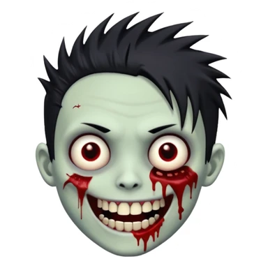 zombie boy with emo spiky hair, white skin, and white eyes; an open smile, and bloodied teeth; sticker