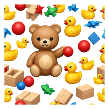 colorful children's toys scattered - teddy bear, yellow duck, wooden blocks, red ball, superhero figure sticker