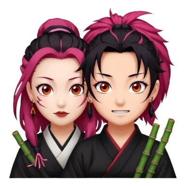tanjiro: Kind red eyes, black hair with burgundy tips, forehead scar, tanned skin, Hanafuda earrings.                             nezuko:   Pink eyes, black-orange hair, fangs, bamboo muzzle. sticker