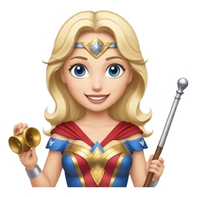 Blonde blue eyed Wonder Woman holding white orchestra conductor’s baton and bell sticker