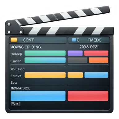 Create an emoji representing video editing. The design should feature a video editing software interface with a visible timeline, video clips, and audio tracks. Include elements like a film strip or a clapperboard to represent the filmmaking aspect. No smiley faces. Make the background transparent. sticker