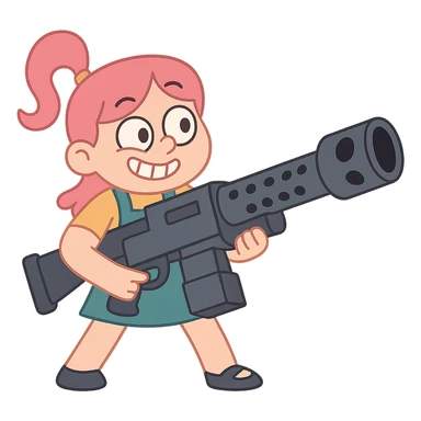 funny, positive stalker girl named Businka with a huge machine gun sticker