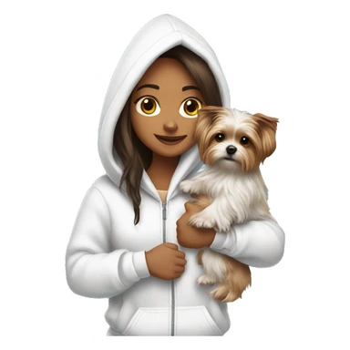 A brunette girl with long hair in white fur headphones in a white hoodie holds a Yorkshire terrier puppy in her arms sticker