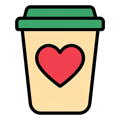 icon-style illustration of a Starbucks cup with a heart symbol, combining themes of love and coffee sticker
