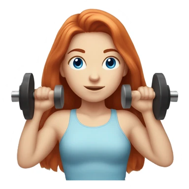 A long-haired red-haired girl with fair skin and blue eyes is pressing the barbell sticker