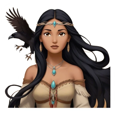 Cinematic Realistic Pocahontas Portrait, depicted with lifelike skin texture, soft natural lighting, and intricately detailed long, flowing raven-black hair that moves gracefully in the wind. Her deep, soulful dark brown eyes exude wisdom and strength, complemented by a serene yet powerful expression. She is shown gently holding a feather in one hand, her other hand resting lightly at her side, embodying the harmonious balance between nature and herself. She is dressed in her classic one-shoulder native American dress, with rich fabric textures and delicate beaded details that catch the light beautifully. The portrait features a soft, sun-kissed glow with a natural, radiant finish, capturing the essence of untamed beauty and deep connection to nature in a realistic and painterly style, evoking a sense of depth and authenticity. sticker