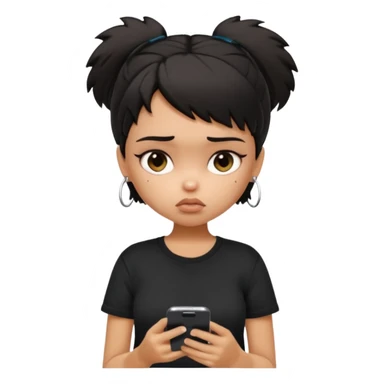 generate a pretty bratz girl with short black very messy dirty hair, looking tired and using her phone, wearing an oversized black tshirt sticker