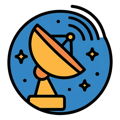 NASA-style symbolic logo for search for extraterrestrial intelligence, featuring radio telescope dish, signal waves, starry background, clean modern emblem style sticker