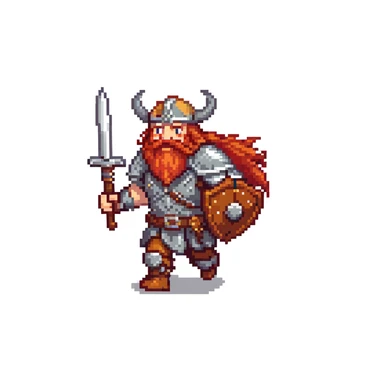 pixel art ginger viking with red beard and armor, running animation frame 3, legs crossing sticker