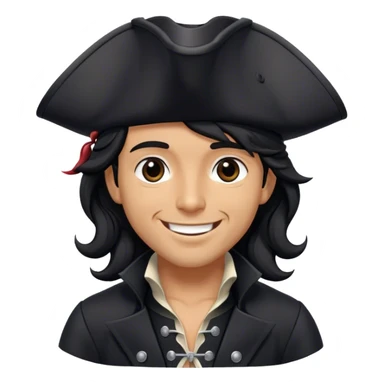 A charismatic pirate with wavy black hair, wearing a black tricorn hat and a sleek black coat with silver buttons, smiling confidently. sticker