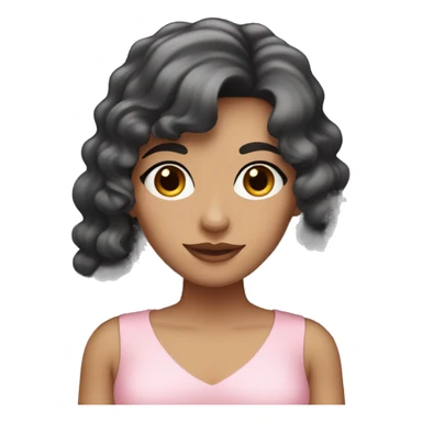 White woman with long black curly hair and bangs and dark brown eyes, wearing a pastel pink dress sticker