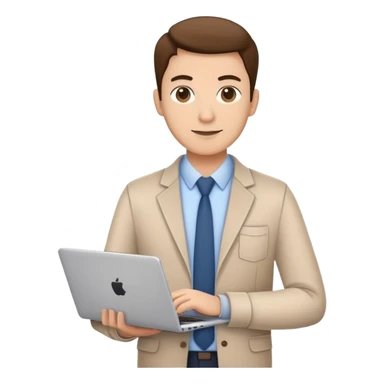 business owner confidently, holding a closed laptop in one hand and a takeaway coffee cup in the other. The character wears casual-smart clothes. sticker