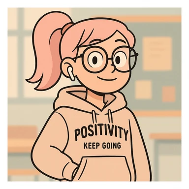 cute and modern digital avatar of a teenage girl with pastel pink hair in a high ponytail, oversized glasses, stylish hoodie with English phrases, wireless earbuds, confident and friendly expression, standing in front of a soft background with abstract classroom or city elements, clean 2D digital illustration, slightly cartoonish but polished, Instagram-style color palette sticker