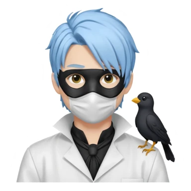 Handsome sexy adult anime man with light-blue hair and a black bird mask, wearing a white lab coat (Il Dottore from Genshin Impact) sticker