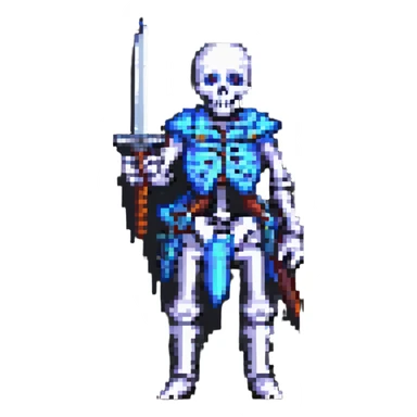 pixel art skeleton holding a sword, simple and bold design sticker