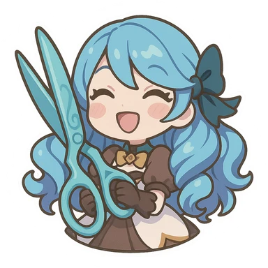 Gwen from League of Legends, chibi style, happy emote, oversized scissors, blue hair, cute doll-like expression sticker