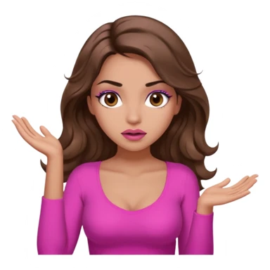 girl with long wavy brown hair, brown eyes, long lashes makeup, sexy pink lips, light to medium complexion, pink sexy top, shrugging with both hands, confused sticker
